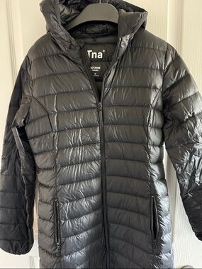 TNA Women’s Black Hooded Botanie Puffer long Coat